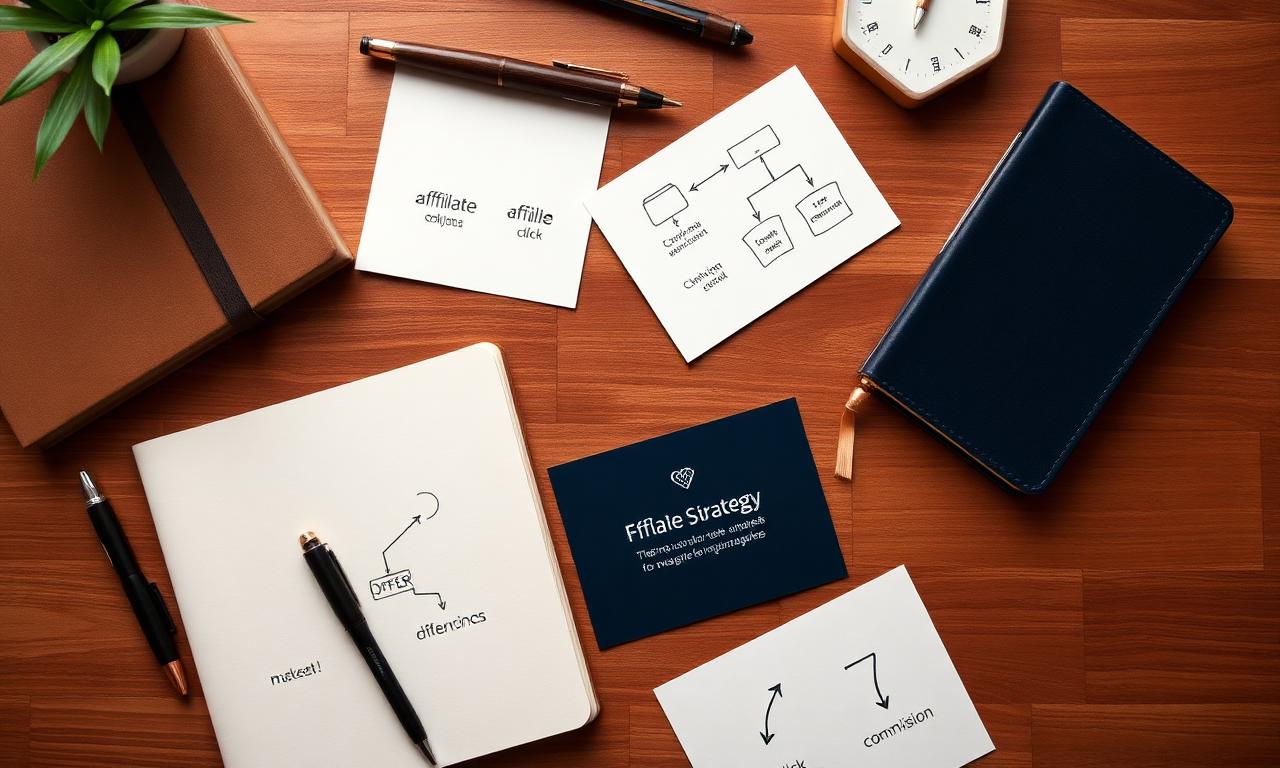 Affiliate marketing course materials with offer planning and commission diagrams